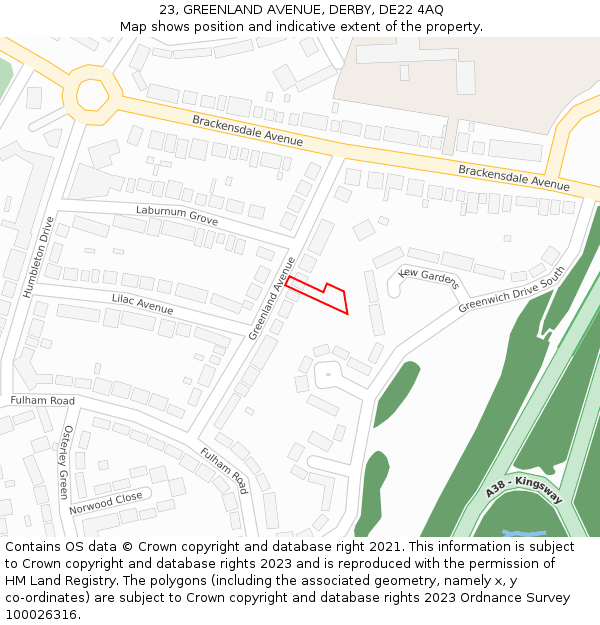 23, GREENLAND AVENUE, DERBY, DE22 4AQ: Location map and indicative extent of plot