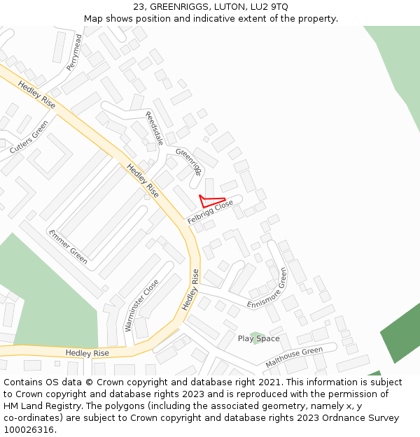 23, GREENRIGGS, LUTON, LU2 9TQ: Location map and indicative extent of plot
