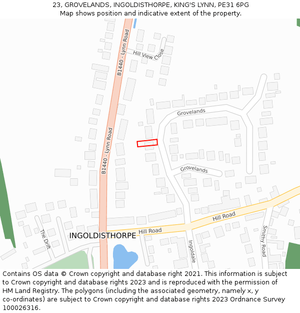 23, GROVELANDS, INGOLDISTHORPE, KING'S LYNN, PE31 6PG: Location map and indicative extent of plot