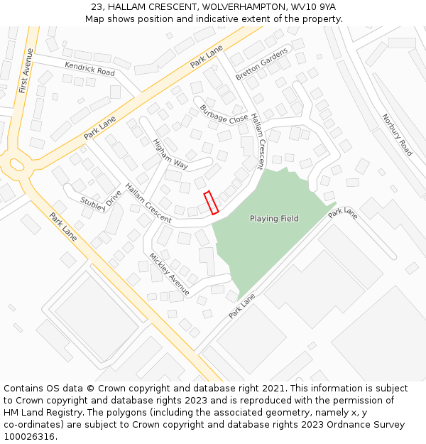 23, HALLAM CRESCENT, WOLVERHAMPTON, WV10 9YA: Location map and indicative extent of plot