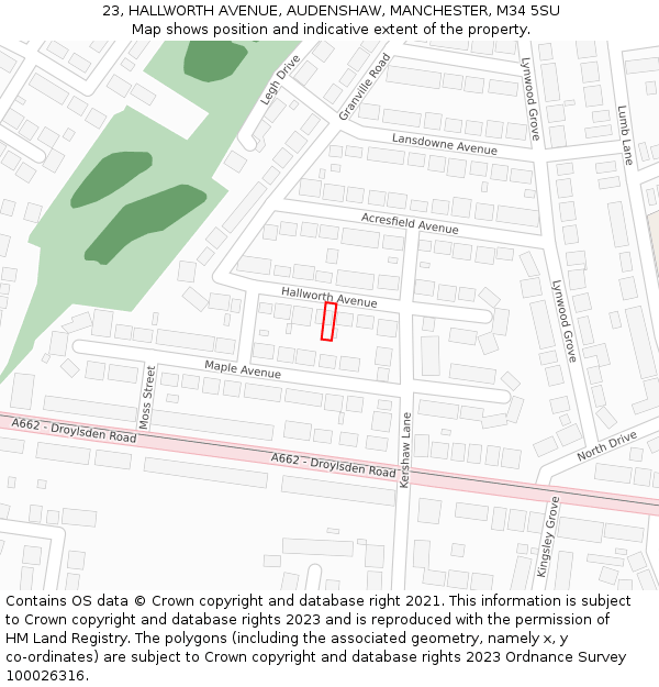 23, HALLWORTH AVENUE, AUDENSHAW, MANCHESTER, M34 5SU: Location map and indicative extent of plot