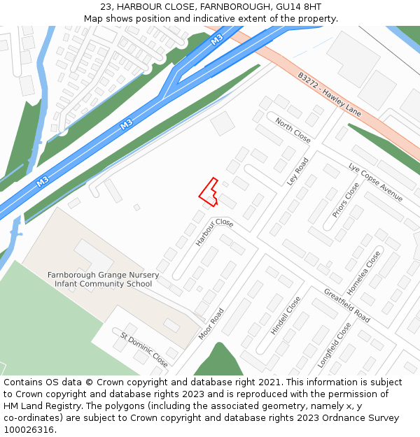 23, HARBOUR CLOSE, FARNBOROUGH, GU14 8HT: Location map and indicative extent of plot