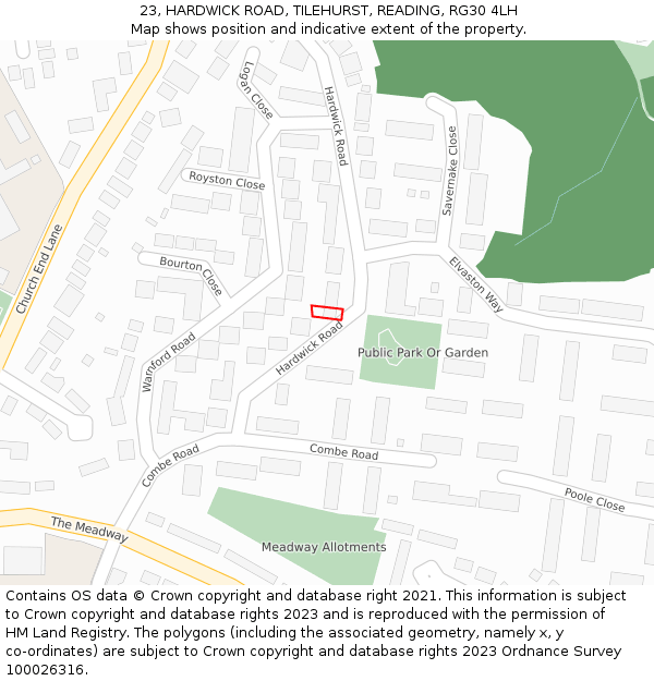 23, HARDWICK ROAD, TILEHURST, READING, RG30 4LH: Location map and indicative extent of plot