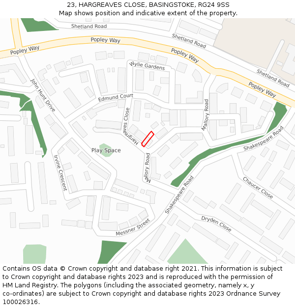 23, HARGREAVES CLOSE, BASINGSTOKE, RG24 9SS: Location map and indicative extent of plot