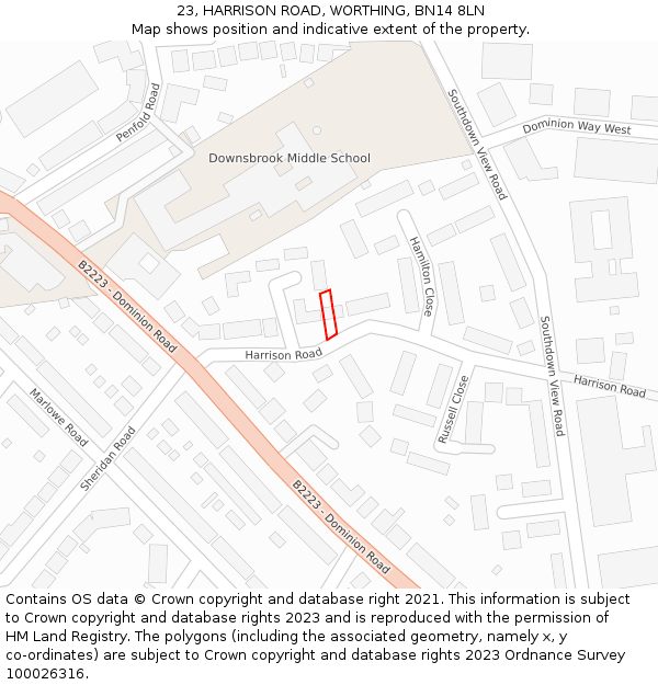 23, HARRISON ROAD, WORTHING, BN14 8LN: Location map and indicative extent of plot