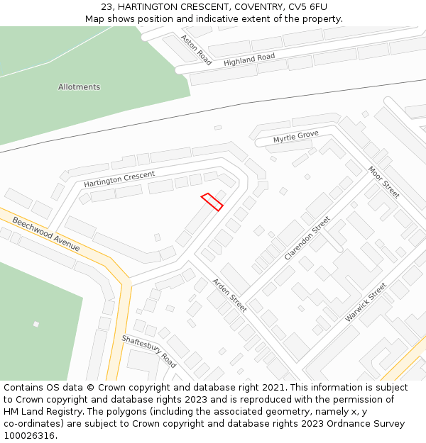23, HARTINGTON CRESCENT, COVENTRY, CV5 6FU: Location map and indicative extent of plot