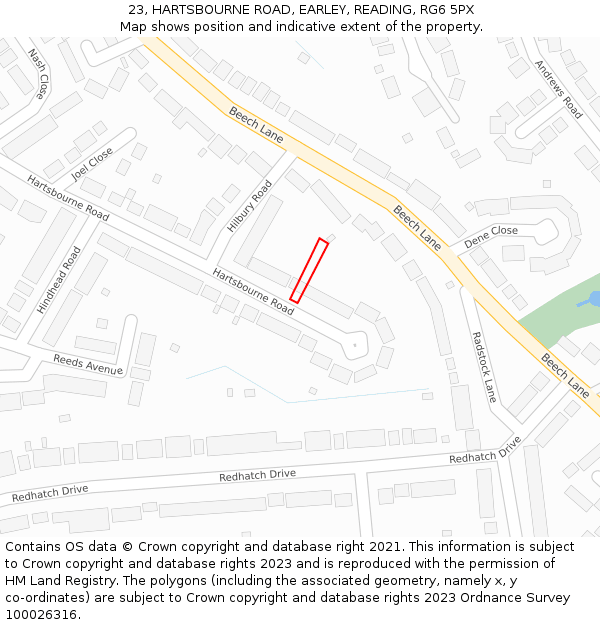 23, HARTSBOURNE ROAD, EARLEY, READING, RG6 5PX: Location map and indicative extent of plot
