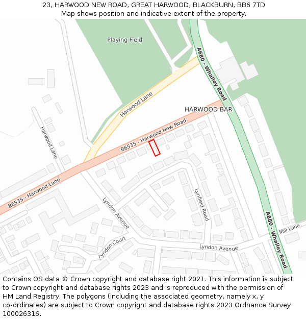 23, HARWOOD NEW ROAD, GREAT HARWOOD, BLACKBURN, BB6 7TD: Location map and indicative extent of plot