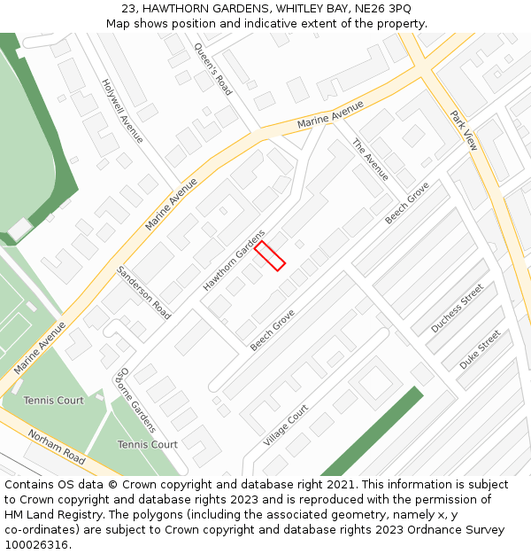 23, HAWTHORN GARDENS, WHITLEY BAY, NE26 3PQ: Location map and indicative extent of plot