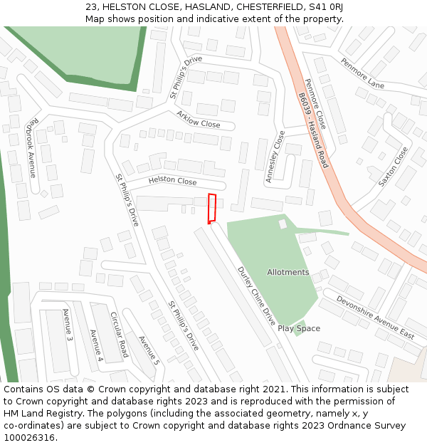 23, HELSTON CLOSE, HASLAND, CHESTERFIELD, S41 0RJ: Location map and indicative extent of plot