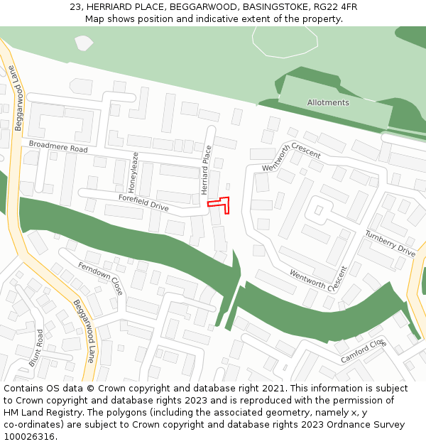 23, HERRIARD PLACE, BEGGARWOOD, BASINGSTOKE, RG22 4FR: Location map and indicative extent of plot
