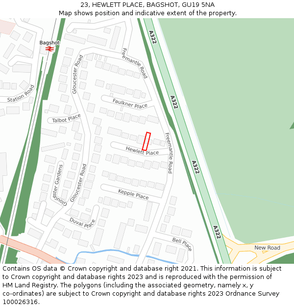 23, HEWLETT PLACE, BAGSHOT, GU19 5NA: Location map and indicative extent of plot