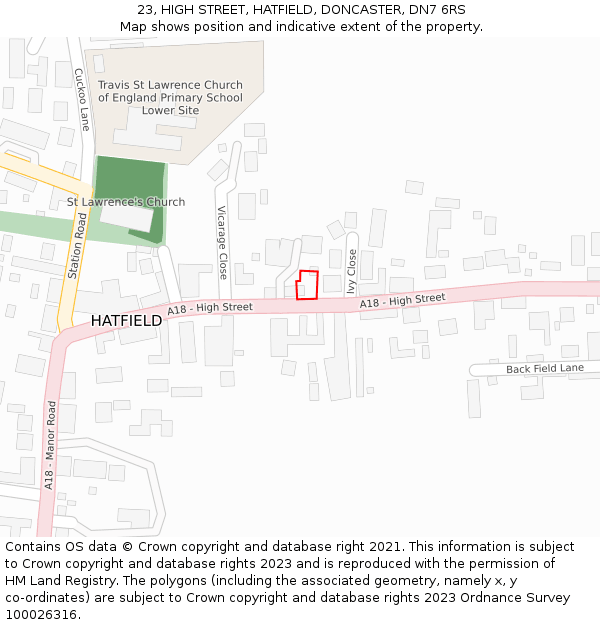 23, HIGH STREET, HATFIELD, DONCASTER, DN7 6RS: Location map and indicative extent of plot