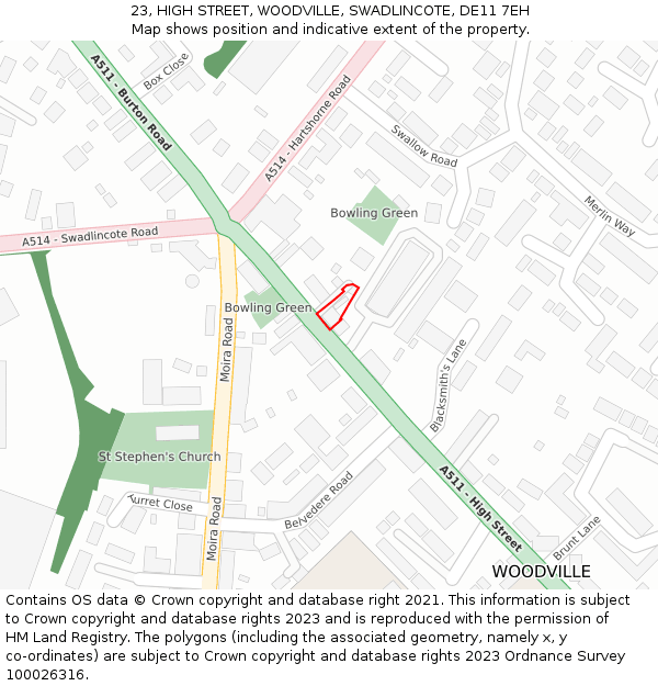 23, HIGH STREET, WOODVILLE, SWADLINCOTE, DE11 7EH: Location map and indicative extent of plot