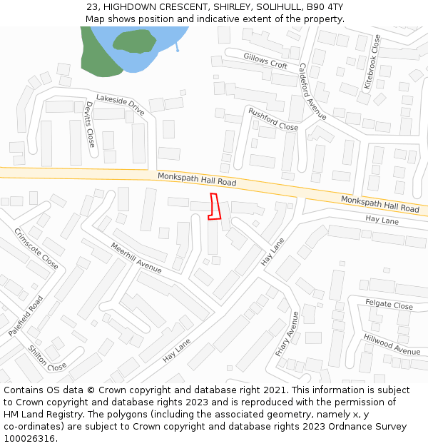 23, HIGHDOWN CRESCENT, SHIRLEY, SOLIHULL, B90 4TY: Location map and indicative extent of plot