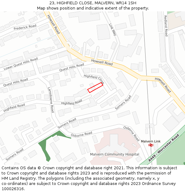 23, HIGHFIELD CLOSE, MALVERN, WR14 1SH: Location map and indicative extent of plot