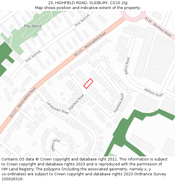 23, HIGHFIELD ROAD, SUDBURY, CO10 2QJ: Location map and indicative extent of plot