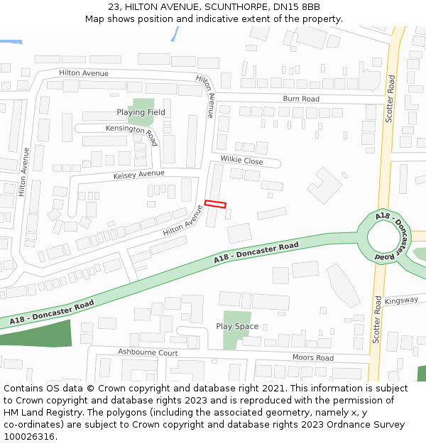 23, HILTON AVENUE, SCUNTHORPE, DN15 8BB: Location map and indicative extent of plot
