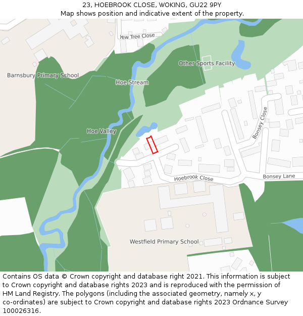 23, HOEBROOK CLOSE, WOKING, GU22 9PY: Location map and indicative extent of plot