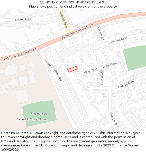 23, HOLLY CLOSE, SCUNTHORPE, DN16 3UJ: Location map and indicative extent of plot