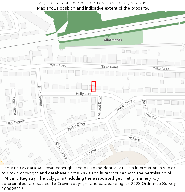 23, HOLLY LANE, ALSAGER, STOKE-ON-TRENT, ST7 2RS: Location map and indicative extent of plot
