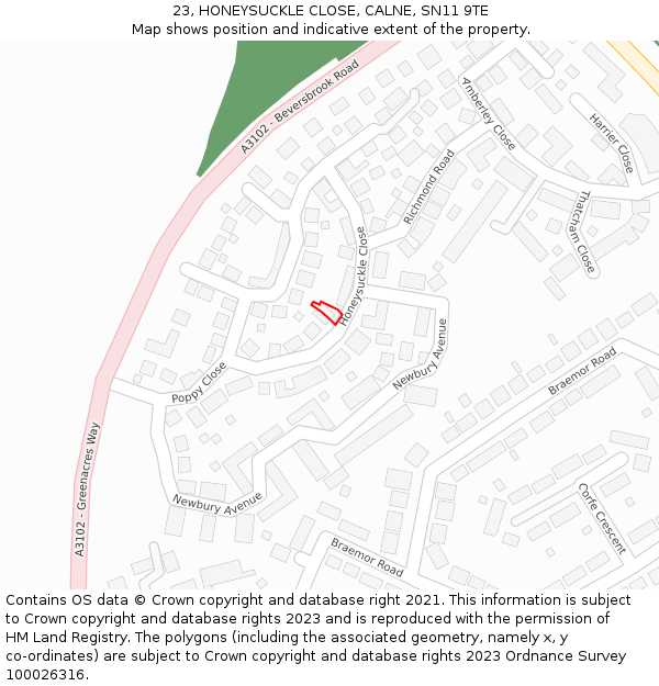 23, HONEYSUCKLE CLOSE, CALNE, SN11 9TE: Location map and indicative extent of plot