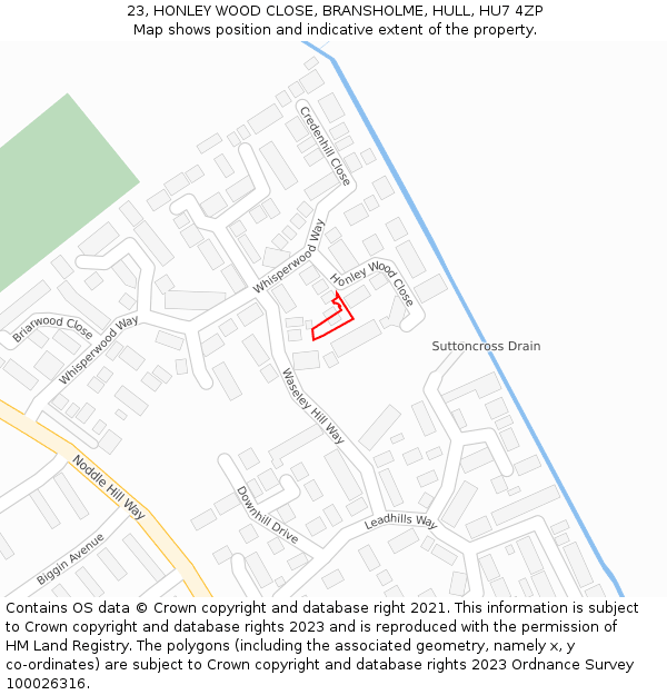 23, HONLEY WOOD CLOSE, BRANSHOLME, HULL, HU7 4ZP: Location map and indicative extent of plot