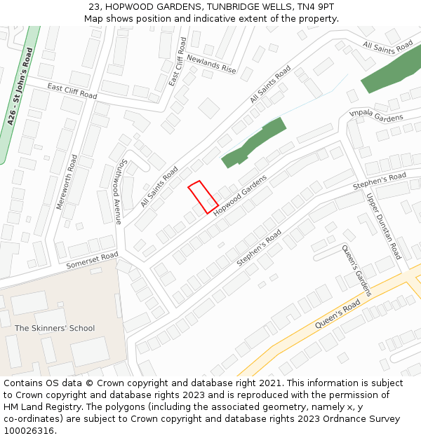 23, HOPWOOD GARDENS, TUNBRIDGE WELLS, TN4 9PT: Location map and indicative extent of plot