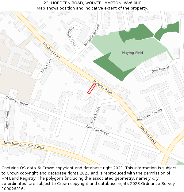 23, HORDERN ROAD, WOLVERHAMPTON, WV6 0HF: Location map and indicative extent of plot