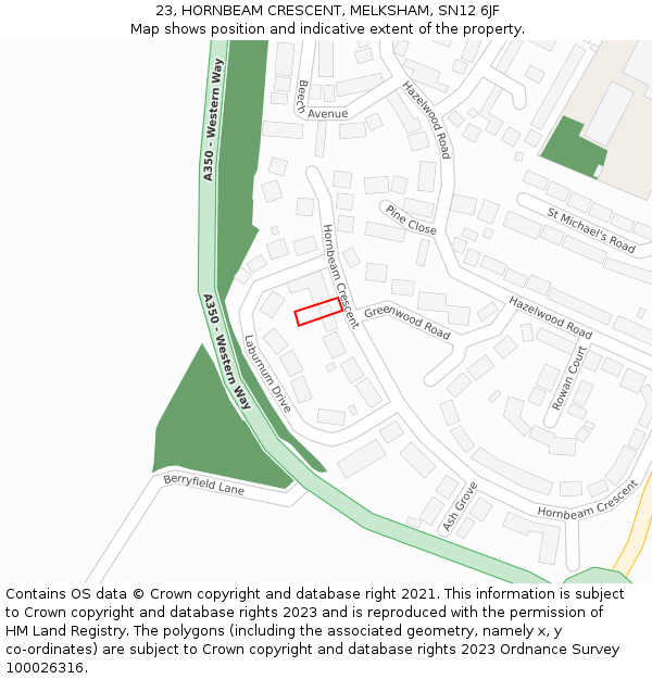23, HORNBEAM CRESCENT, MELKSHAM, SN12 6JF: Location map and indicative extent of plot