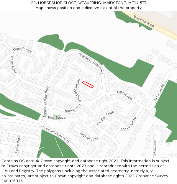 23, HORSESHOE CLOSE, WEAVERING, MAIDSTONE, ME14 5TT: Location map and indicative extent of plot