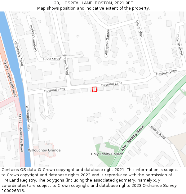 23, HOSPITAL LANE, BOSTON, PE21 9EE: Location map and indicative extent of plot