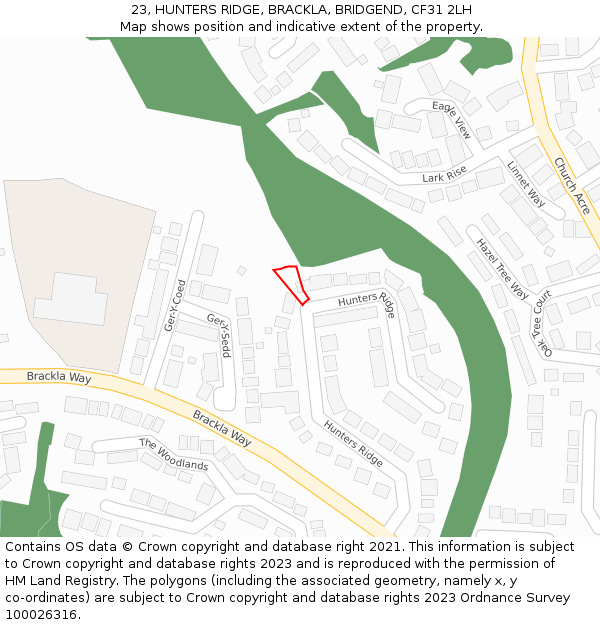 23, HUNTERS RIDGE, BRACKLA, BRIDGEND, CF31 2LH: Location map and indicative extent of plot
