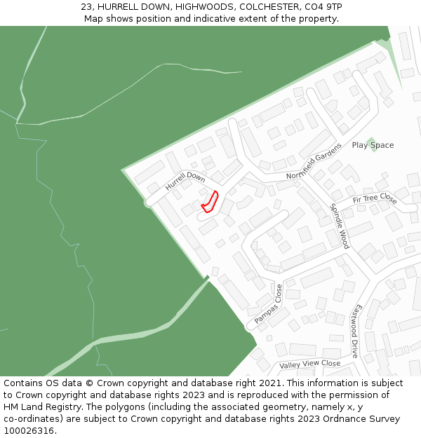 23, HURRELL DOWN, HIGHWOODS, COLCHESTER, CO4 9TP: Location map and indicative extent of plot