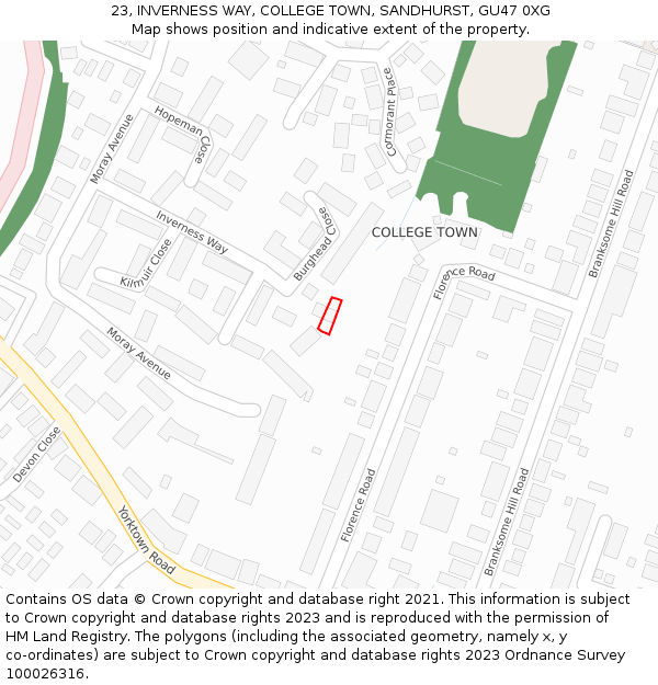 23, INVERNESS WAY, COLLEGE TOWN, SANDHURST, GU47 0XG: Location map and indicative extent of plot