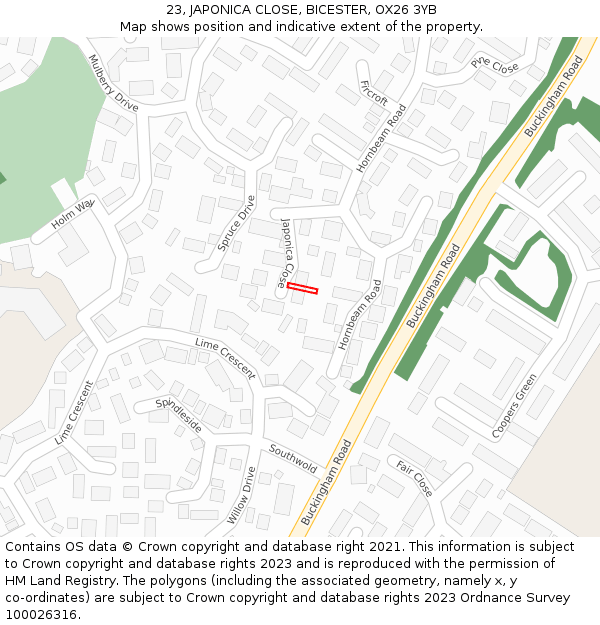 23, JAPONICA CLOSE, BICESTER, OX26 3YB: Location map and indicative extent of plot