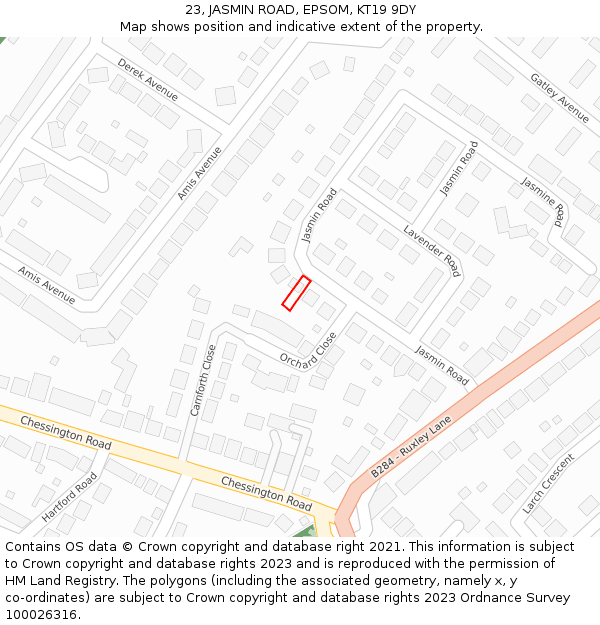 23, JASMIN ROAD, EPSOM, KT19 9DY: Location map and indicative extent of plot