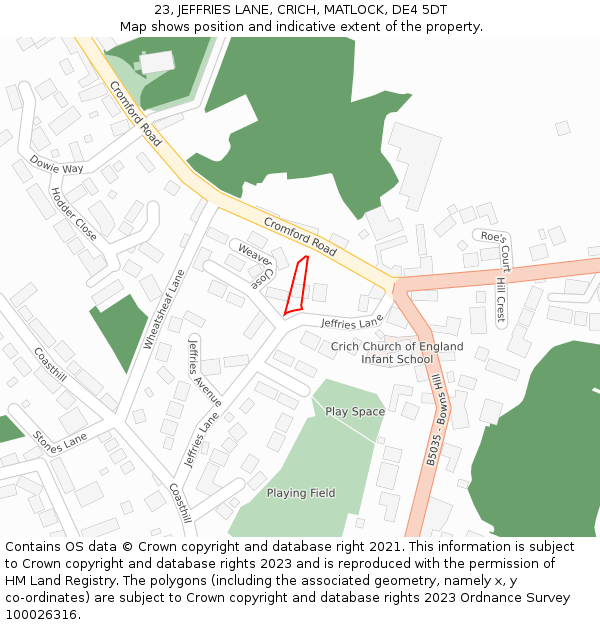 23, JEFFRIES LANE, CRICH, MATLOCK, DE4 5DT: Location map and indicative extent of plot
