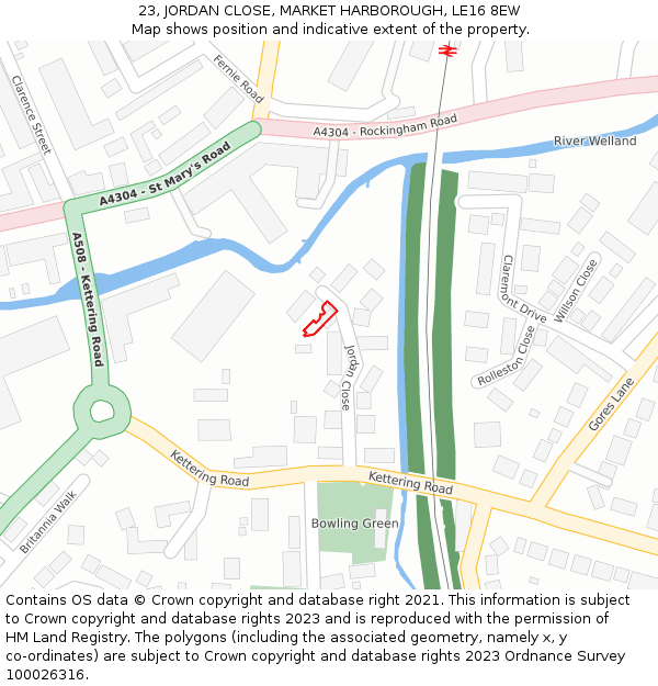 23, JORDAN CLOSE, MARKET HARBOROUGH, LE16 8EW: Location map and indicative extent of plot