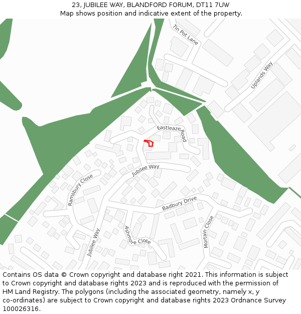 23, JUBILEE WAY, BLANDFORD FORUM, DT11 7UW: Location map and indicative extent of plot