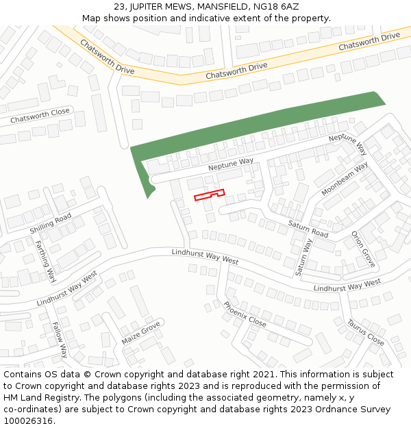 23, JUPITER MEWS, MANSFIELD, NG18 6AZ: Location map and indicative extent of plot