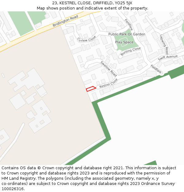 23, KESTREL CLOSE, DRIFFIELD, YO25 5JX: Location map and indicative extent of plot