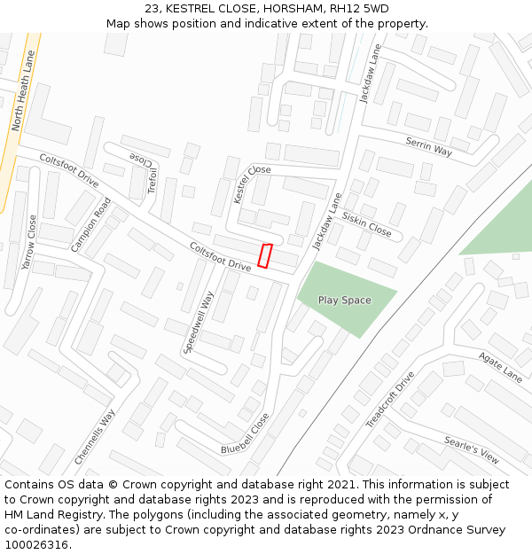23, KESTREL CLOSE, HORSHAM, RH12 5WD: Location map and indicative extent of plot