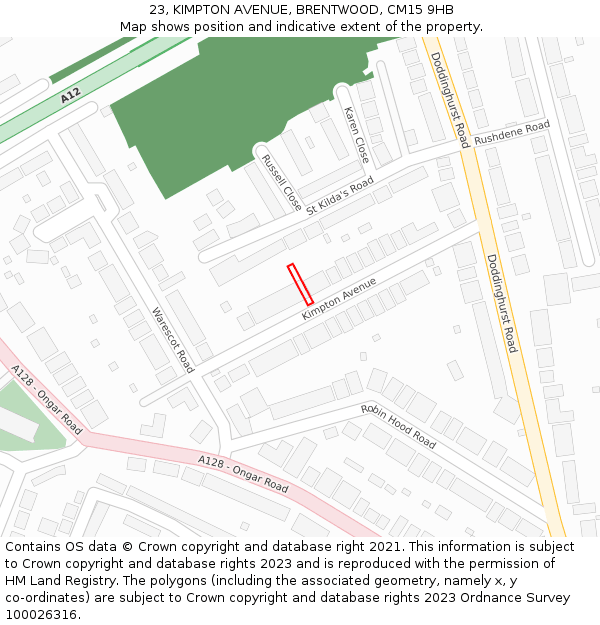 23, KIMPTON AVENUE, BRENTWOOD, CM15 9HB: Location map and indicative extent of plot
