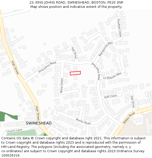 23, KING JOHNS ROAD, SWINESHEAD, BOSTON, PE20 3NR: Location map and indicative extent of plot