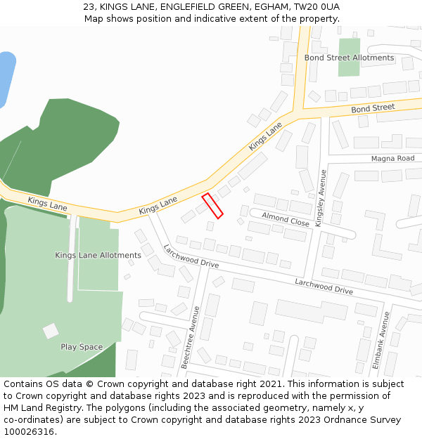 23, KINGS LANE, ENGLEFIELD GREEN, EGHAM, TW20 0UA: Location map and indicative extent of plot