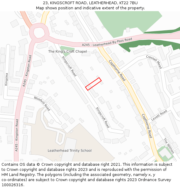 23, KINGSCROFT ROAD, LEATHERHEAD, KT22 7BU: Location map and indicative extent of plot