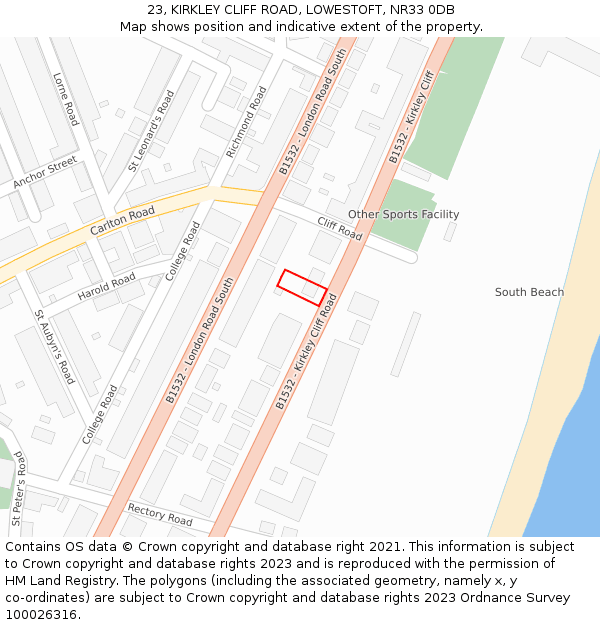 23, KIRKLEY CLIFF ROAD, LOWESTOFT, NR33 0DB: Location map and indicative extent of plot