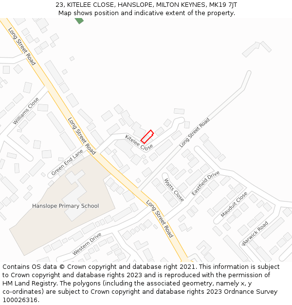 23, KITELEE CLOSE, HANSLOPE, MILTON KEYNES, MK19 7JT: Location map and indicative extent of plot