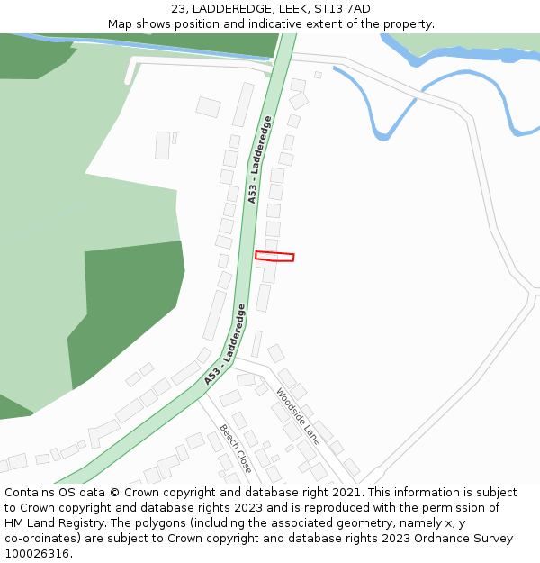 23, LADDEREDGE, LEEK, ST13 7AD: Location map and indicative extent of plot